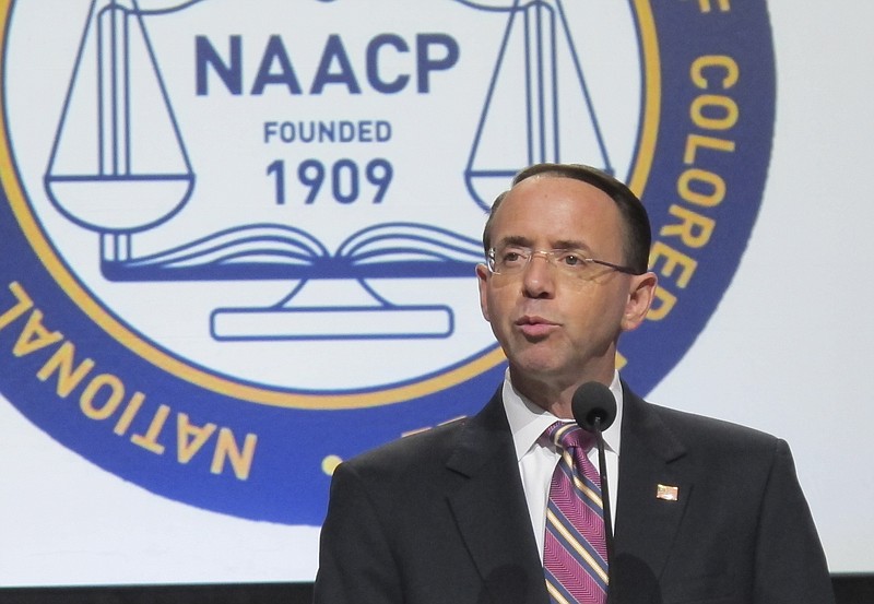 
              Deputy Attorney General Rod Rosenstein speaks at the NAACP’s national convention Tuesday, July 25, 2017, in Baltimore,. Rosenstein told the audience that building public confidence in law enforcement “is one of our great challenges,” adding that while police have a special responsibility to follow the law, citizens have an obligation to respect the police. (AP Photo/Brian Witte)
            