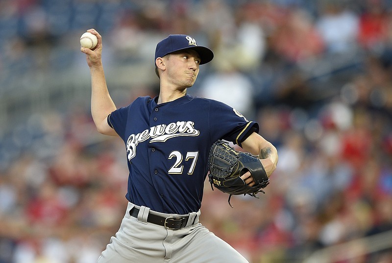
              Milwaukee Brewers starting pitcher Zach Davies delivers a pitch during the second inning of a baseball game against the Washington Nationals, Tuesday, July 25, 2017, in Washington. (AP Photo/Nick Wass)
            