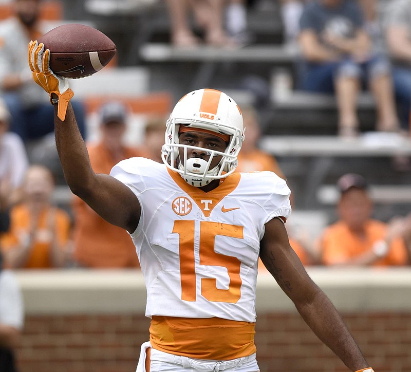 Jauan Jennings (15) shows the ball after catching a touchdown pass. The annual Spring Orange and White Football game was held at Neyland Stadium on April 22, 2017.
