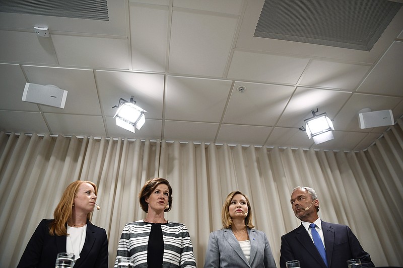 
              The party leaders of the Alliance, a union between Centre, Moderate, Christian Democrats and the Liberal parties, gather at the headquarters for the Moderate party in Stockholm, Sweden, Wednesday, July 26, 2017. Sweden’s right-wing opposition parties said Wednesday they are planning a motion of no confidence in three government ministers over a security leak which could result in major changes in the minority government. Pictured from left, Alliance party leaders, Annie Lööf (Centre Party), Anna Kinberg Batra (Moderate), Ebba Busch Thor (Christian Democrats) and Jan Björklund (Liberals). (Erik Simander/TT via AP)
            