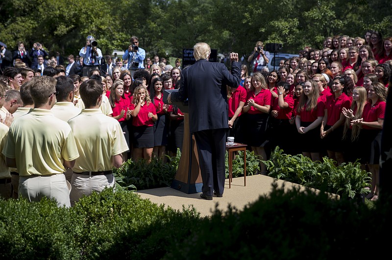 
              President Donald Trump speaks in the Rose Garden of the White House in Washington, Wednesday, July 26, 2017, during an American Legion Boys Nation and the American Legion Auxiliary Girls Nation event. (AP Photo/Carolyn Kaster)
            