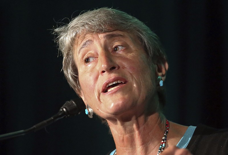 
              Former Interior Secretary Sally Jewell speaks during the Outdoor Retailer show Wednesday, July 26, 2017, in Salt Lake City. Jewell is calling President Donald Trump's review of two dozen national monuments highly problematic and out of step with what Americans want. Jewell said at the nation's largest outdoor recreation trade show that Trump is treating national parks like contestants on a game show when he should be respecting measured decisions made by past presidents. (AP Photo/Rick Bowmer)
            