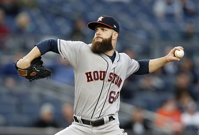 
              FILE - In this May 11, 2017, file photo, Houston Astros starting pitcher Dallas Keuchel delivers to a New York Yankees batter during a baseball game in New York. Keuchel is set to rejoin the Astros’ rotation on Friday, July 28, at the Detroit Tigers.
The 2015 AL Cy Young Award winner has not pitched since June 2 due to a neck injury that sent him to the disabled list for the second time this year.  (AP Photo/Kathy Willens, File)
            