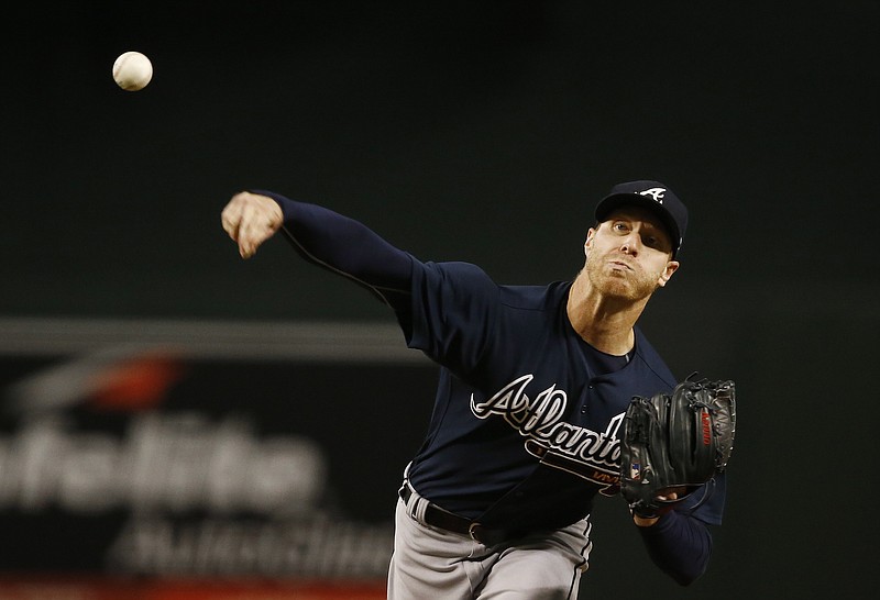 Atlanta Braves' Mike Foltynewicz throws a pitch against the Arizona Diamondbacks during the first inning of a baseball game Tuesday, July 25, 2017, in Phoenix. (AP Photo/Ross D. Franklin)