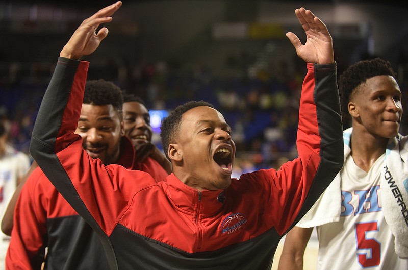 E'Jay Ward celebrates Brainerd's boys' basketball win against Christian Academy of Knoxville during a state tournament game last year. Ward was an assistant last season for the Panthers and also played at Brainerd, but now he's the head coach at rival Tyner.