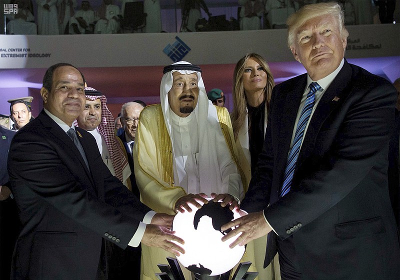 
              FILE -- In this May 21, 2017, file photo released by the Saudi Press Agency, from left to right: Egyptian President Abdel Fattah al-Sissi; Saudi King Salman; U.S. First Lady Melania Trump; and President Donald Trump; visit the Global Center for Combating Extremist Ideology, in Riyadh, Saudi Arabia. Six months into his presidency, Donald Trump has made clear who he considers to be his friends, and his foes, on the international stage. (Saudi Press Agency via AP, File)
            