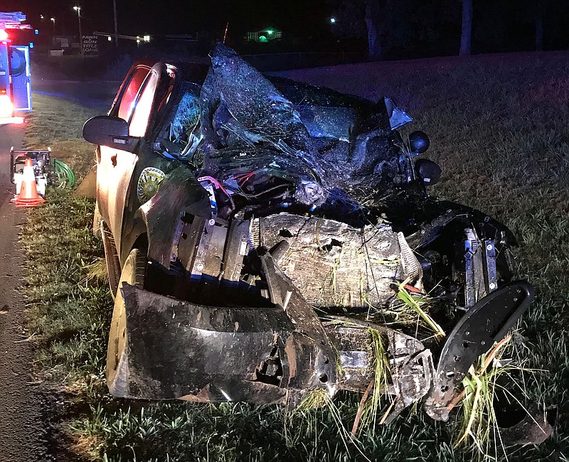 This photo shows the wreckage from an accident that DeKalb County Deputy Hunter Akins and K-9 officer Marianna were involved in Thursday, July 27, 2017. Akins was responding to a call late that night when he struck a large bull standing in the middle of Highway 75 in Fyffe, AL.