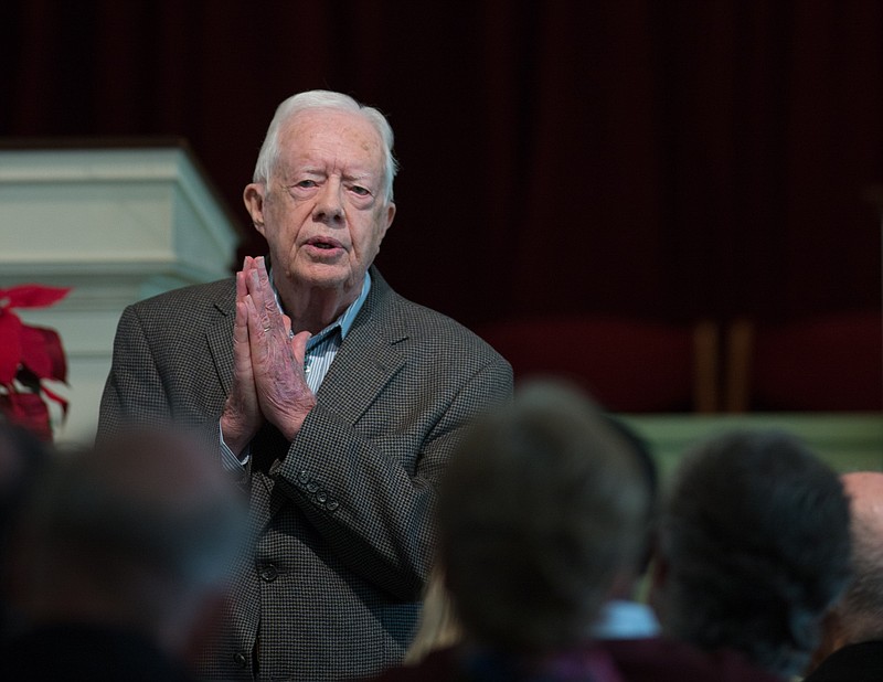 Former President Jimmy Carter teaches during Sunday School class at Maranatha Baptist Church in his hometown, Sunday, Dec. 13, 2015, in Plains, Ga. A recent MRI showing no cancer on Jimmy Carter's brain is "very positive" news for the former president but will not end his medical treatment, doctors said. Carter, 91, announced on Dec. 6 that doctors found no evidence of the four lesions discovered on his brain this summer and no signs of new cancer growth.  (AP Photo/Branden Camp)