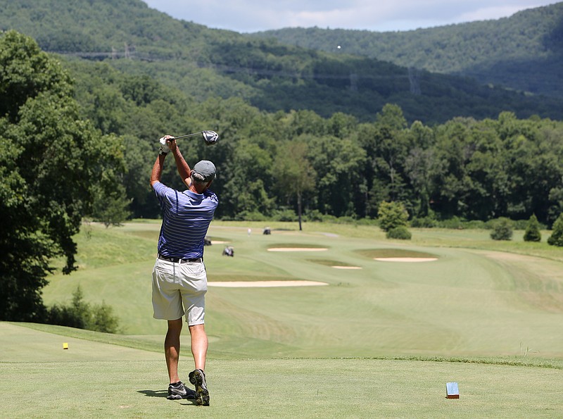 Tom Baird tees off Sunday, July 30, 2017, during the Chattanooga Men's Metro Golf Tournament at the Black Creek Club golf course in Chattanooga, Tenn. 