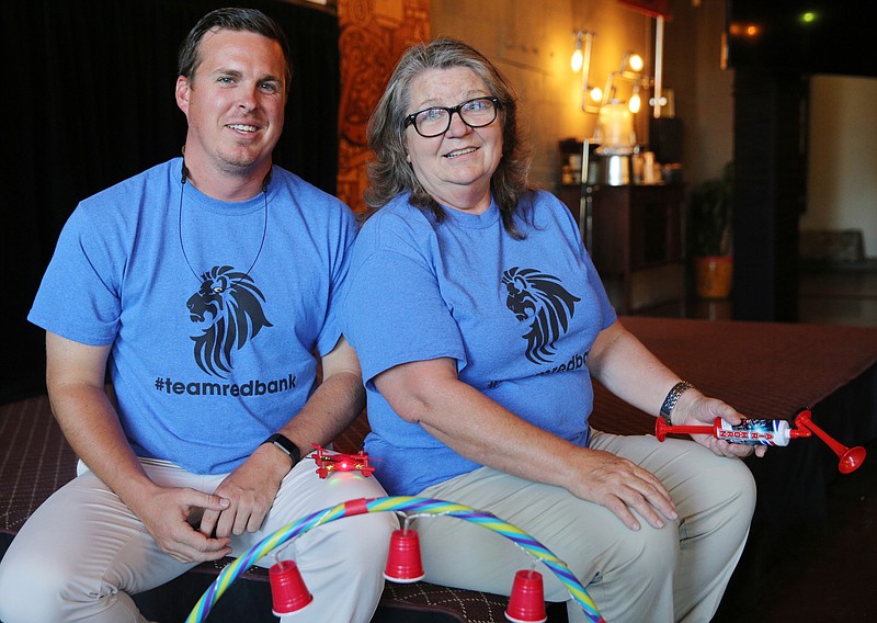 Drew Akins and Mary Manning, science teachers at Red Bank High School, pose for a photo Sunday, July 30, 2017, during Pitch Night for the Teacherpreneur Incubator at Granfalloon in Chattanooga, Tenn. The two were the first-place winners for this years Teacherpreneur Incubator Pitch Night with their drone racing competition project. 