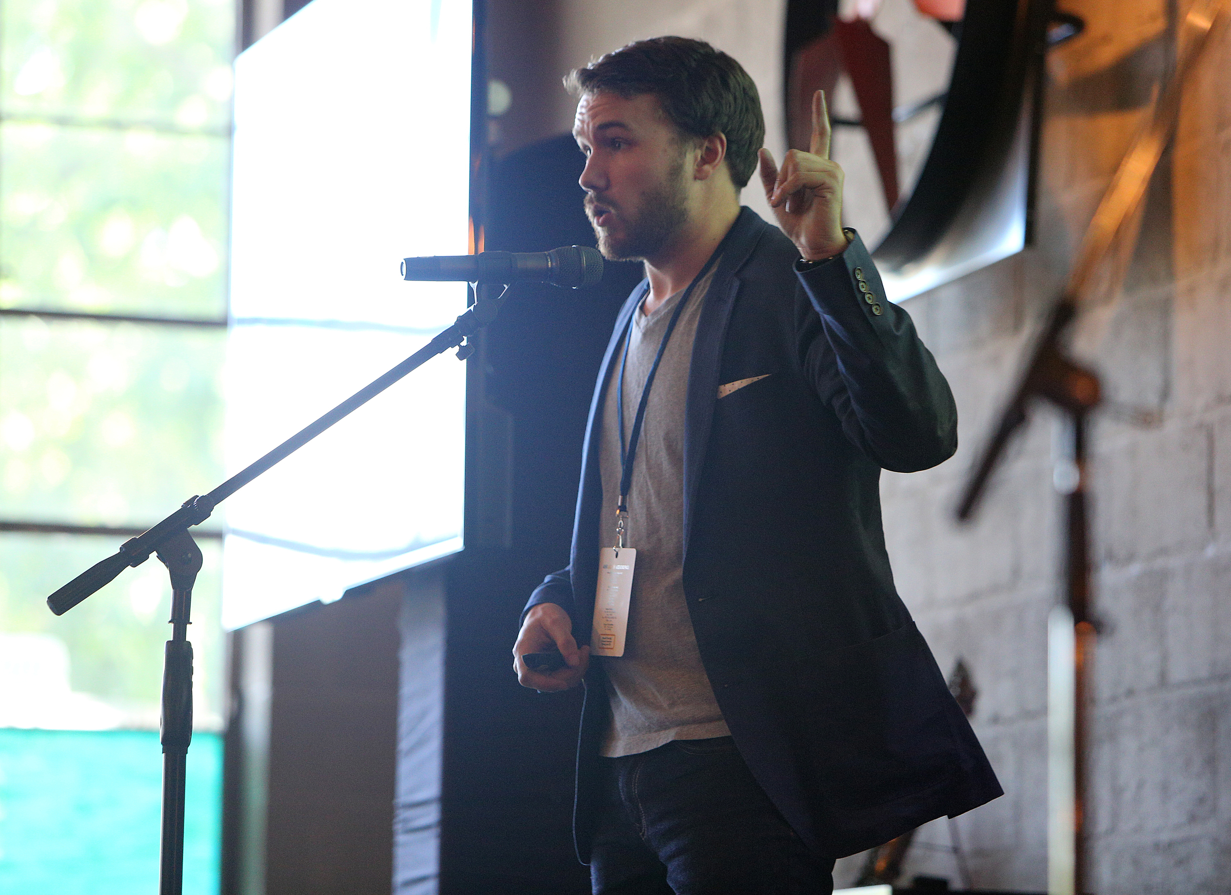 Geoff Millener speaks Sunday, July 30, 2017, during Pitch Night for the Teacherpreneur Incubator at Granfalloon in Chattanooga, Tenn. The Teacherpreneur Incubator offers teachers support, time and space to come up with ideas for their classrooms and execute those ideas.