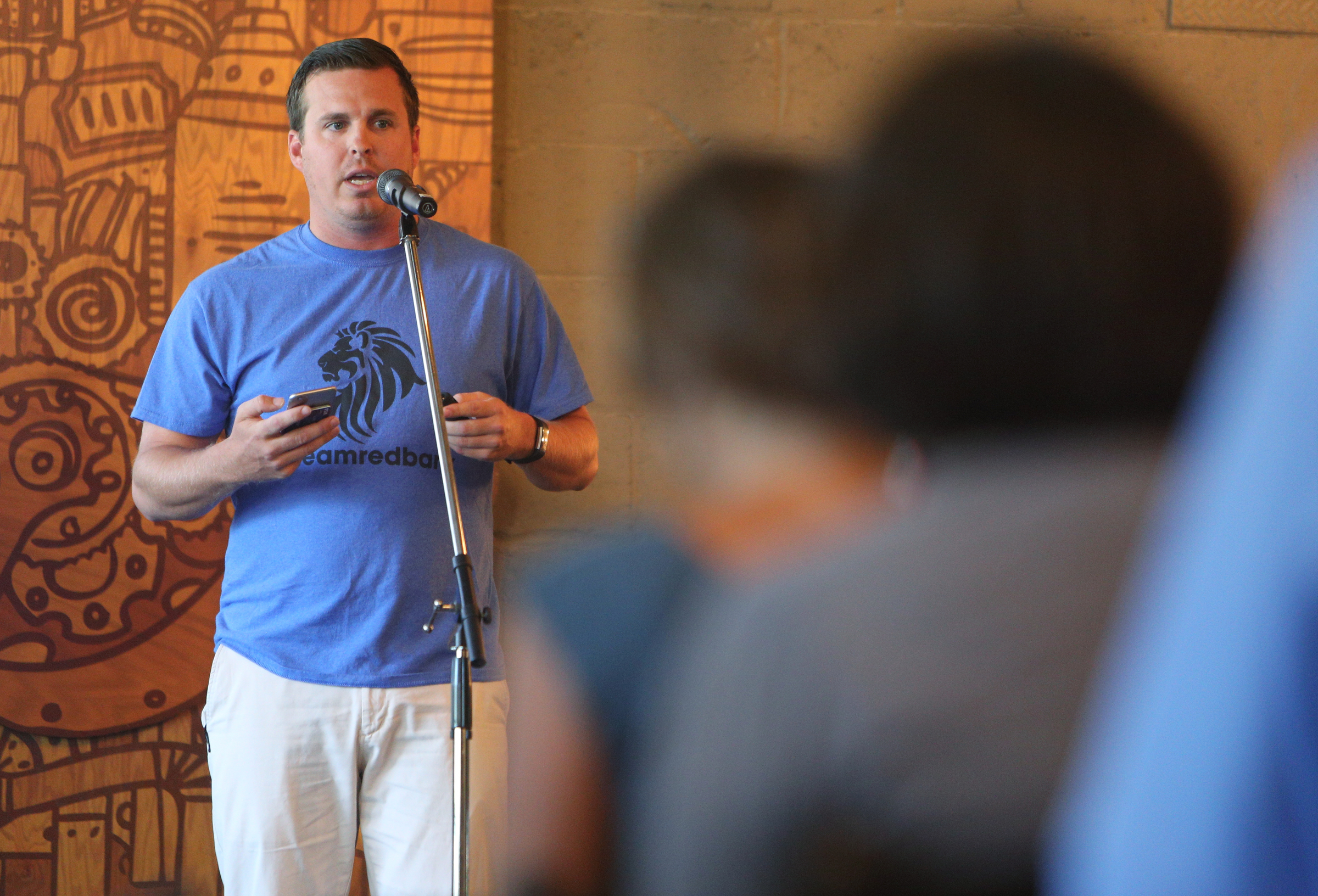 Drew Akins, a science teacher at Red Bank, presents his and Mary Manning's project on drone racing Sunday, July 30, 2017, during Pitch Night for the Teacherpreneur Incubator at Granfalloon in Chattanooga, Tenn. Akins and Manning were the winners of the event.