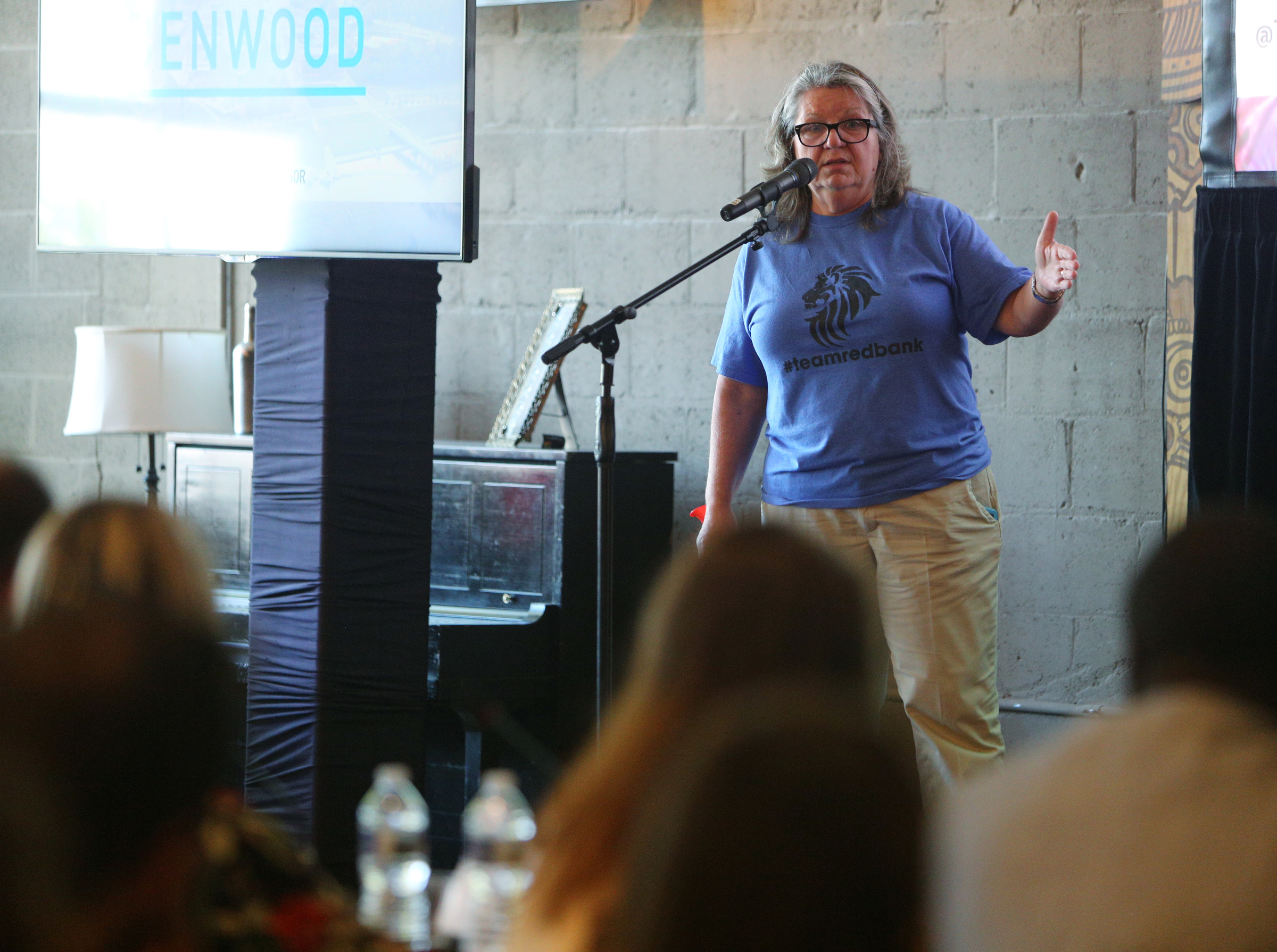 Mary Manning, a physics teacher at Red Bank High School, answers questions of the judges about hers and Drew Akins' drone racing competition project Sunday, July 30, 2017, during Pitch Night for the Teacherpreneur Incubator at Granfalloon in Chattanooga, Tenn. Manning and Akins placed first.