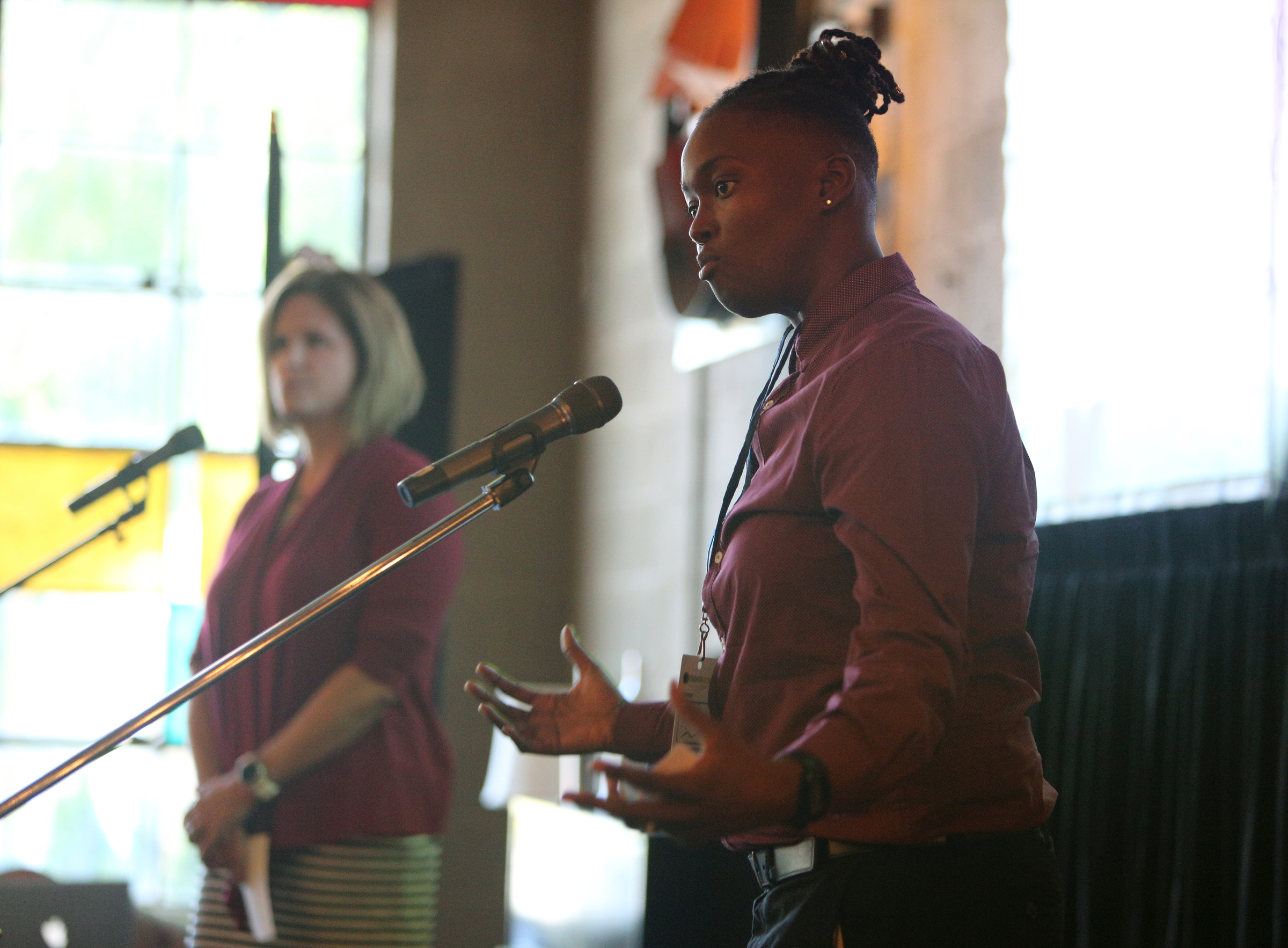 Denise Fletcher, a teacher at Tyner Academy, answers questions of the judges as she and Lisa Blakely, a teacher from Big Ridge and Soddy Daisy Elementary Schools, present their pitch on a restorative practices model school Sunday, July 30, 2017, during Pitch Night for the Teacherpreneur Incubator at Granfalloon in Chattanooga, Tenn. There were 22 teachers from 16 Hamilton County public schools that presented their ideas Sunday night.