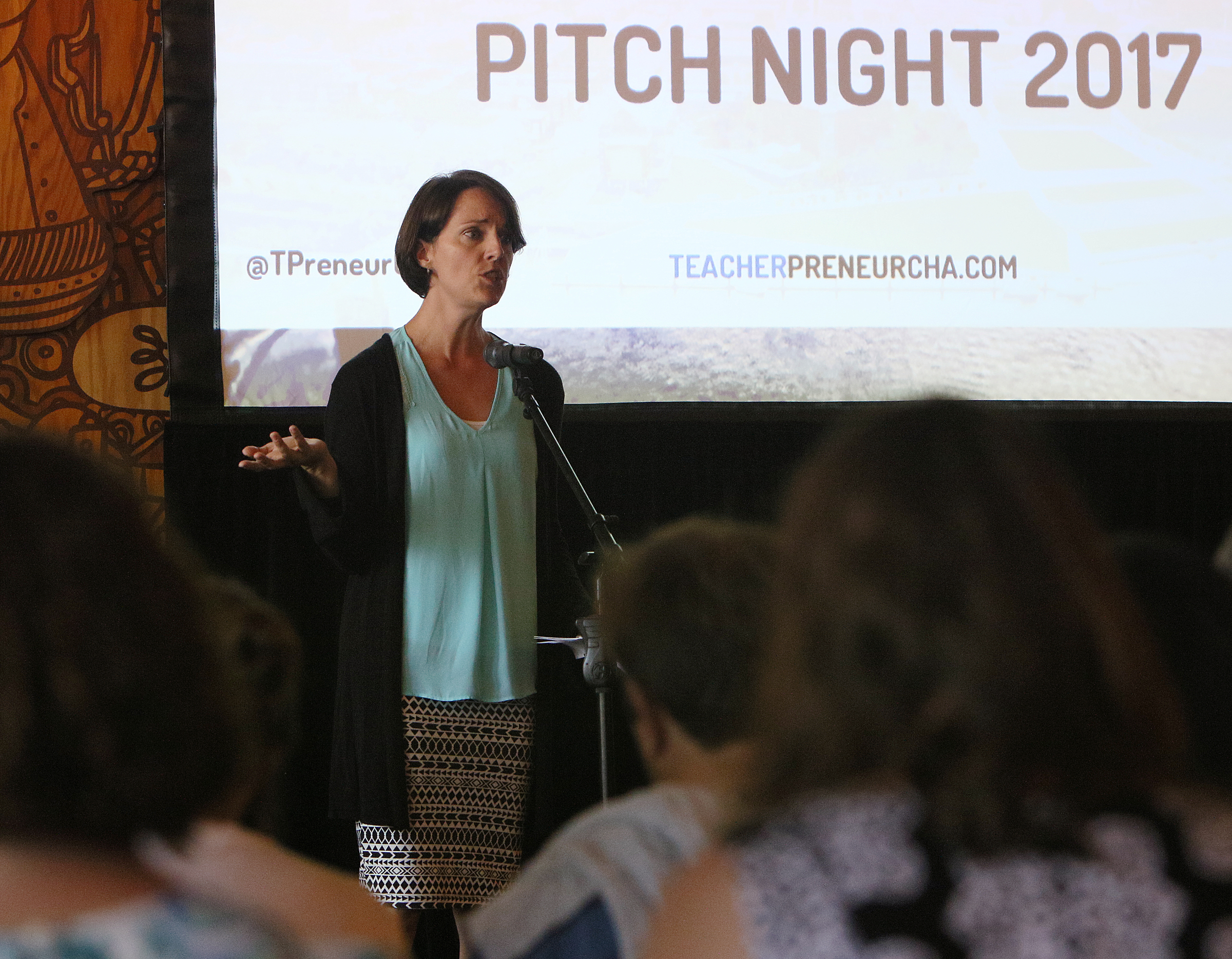 Keri Randolph, the former director of innovation for the Hamilton County Schools, opens up the Teacherpreneur Incubator's Pitch Night Sunday, July 30, 2017, at Granfalloon in Chattanooga, Tenn. The Teacherpreneur Incubator offers teachers support, time and space to come up with ideas for their classrooms and execute those ideas.