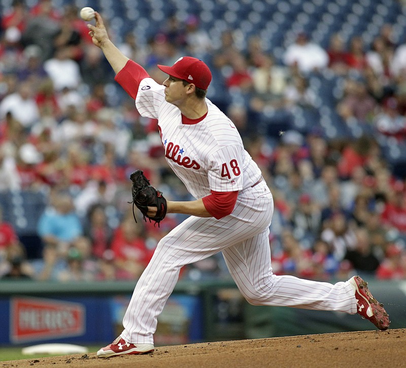 Philadelphia Phillies starting pitcher Jerad Eickhoff throws during the first inning of a baseball game against the Atlanta Braves, Saturday, July 29, 2017, in Philadelphia. (AP Photo/Tom Mihalek)

