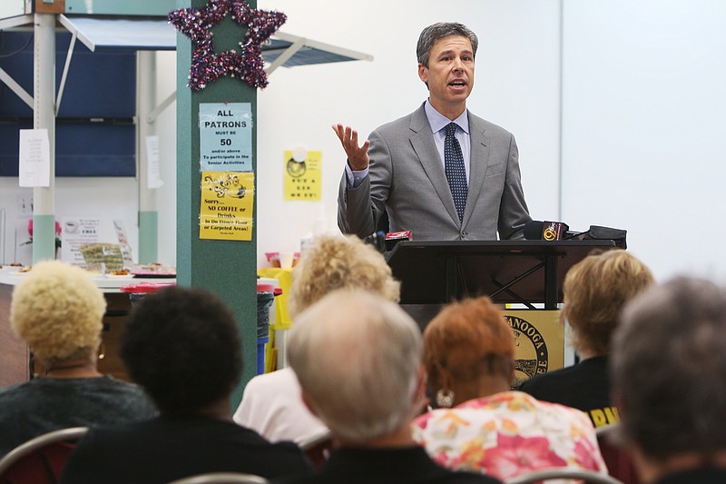 Chattanooga Mayor Andy Berke announces that he will be asking City Council to freeze property taxes for low- and moderate-income seniors Tuesday, Aug. 1, 2017, at the Eastgate Senior Center in Chattanooga, Tenn. Berke and District 6 Councilwoman Carol Berz hosted a roundtable with older adults following the announcement to discuss the opportunities around a property tax freeze. B