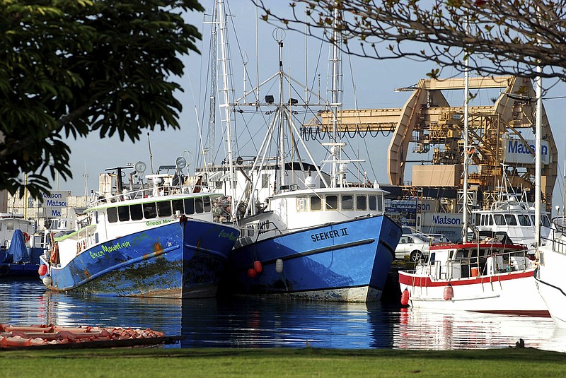 
              FILE - This Feb. 2, 2017 file photo commercial fishing boats are docked at Pier 38 in Honolulu. A Native Hawaiian fisherman is asking an environmental court to stop Hawaii officials from issuing commercial fishing licenses to those who aren't legally admitted into the United States. Malama Chun filed a petition in response to an Associated Press investigation that found hundreds of foreign fishermen confined to boats and some living in subpar conditions. The state Board of Land and Natural Resources denied his petition. (AP Photo/Caleb Jones, File)
            