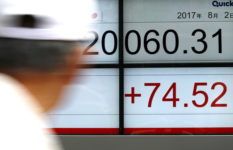 
              A pedestrian glances at an electronic stock board showing Japan's Nikkei 225 index at a securities firm in Tokyo, on Wednesday, Aug. 2, 2017. Asian stock markets were higher on Wednesday following Dow industrial’s record-high finish as upbeat corporate earnings reports and China factory data boosted investor confidence. (AP Photo/Sherry Zheng)
            