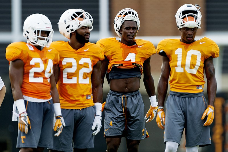 From left, Tennessee defensive backs Todd Kelly Jr., Micah Abernathy, Maleik Gray and Theo Jackson stand together during an August 2017 practice.