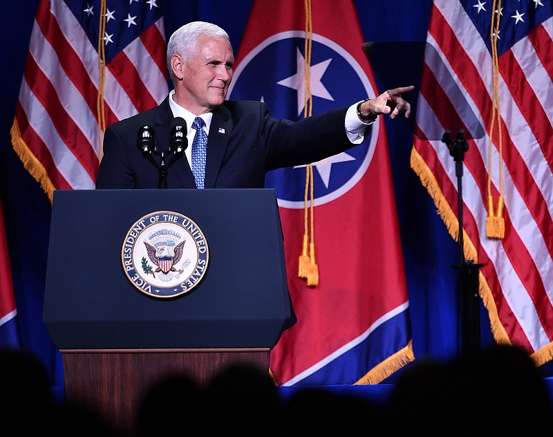 Vice President Mike Pence speaks during the Tennessee Republican Party's Statesmen's Dinner at Music City Center in Nashville, Tenn., Thursday, Aug. 3, 2017. (Andrew Nelles/The Tennessean via AP)