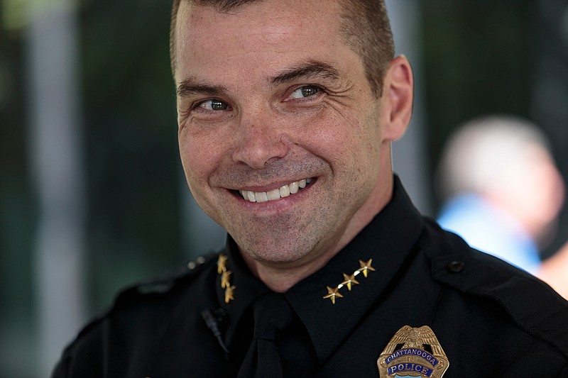 David Roddy smiles after a news conference announcing his selection for Chattanooga chief of police at the Police Services Center on Friday, Aug. 4, 2017, in Chattanooga, Tenn. Chief Roddy served as assistant police chief under Chief Fred Fletcher.