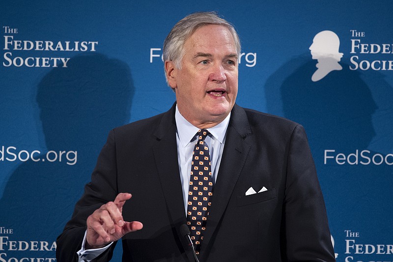 
              FILE - In this Thursday, Nov. 17, 2016, file photo, Alabama Attorney General Luther Strange participates in a panel discussion during the Federalist Society's National Lawyers Convention in Washington.  Strange got to the U.S. Senate with an appointment from the state’s then-governor who later resigned under the cloud of an ethics scandal. That appointment has become something of a double-edged sword as Strange seeks to keep the U.S. Senate that previously belonged to Attorney General Jeff Sessions.  (AP Photo/Cliff Owen, File)
            