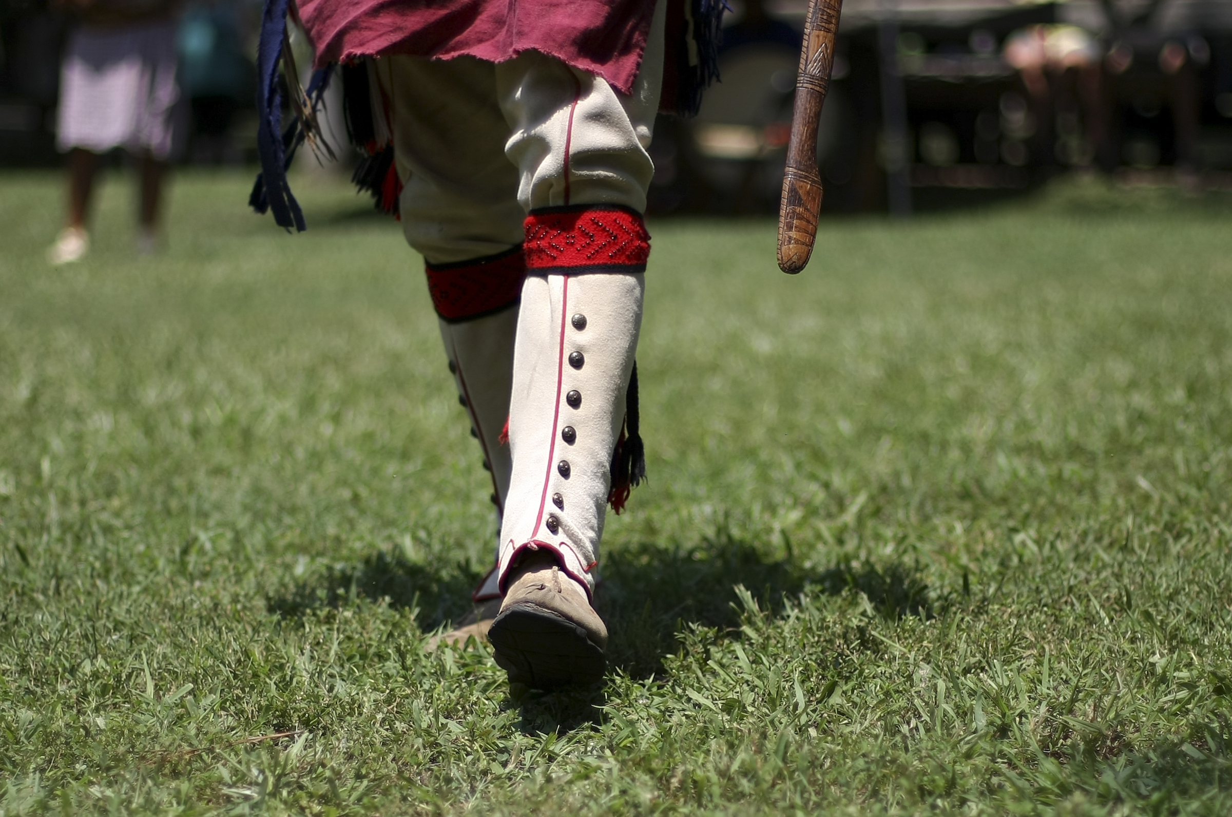 Sonny Ledford, with the Warriors of Anikituwah, shows off traditional footwear during the 2017 Cherokee Cultural Celebration at Red Clay State Historic Park on Sunday, Aug. 6, in Cleveland, Tenn.