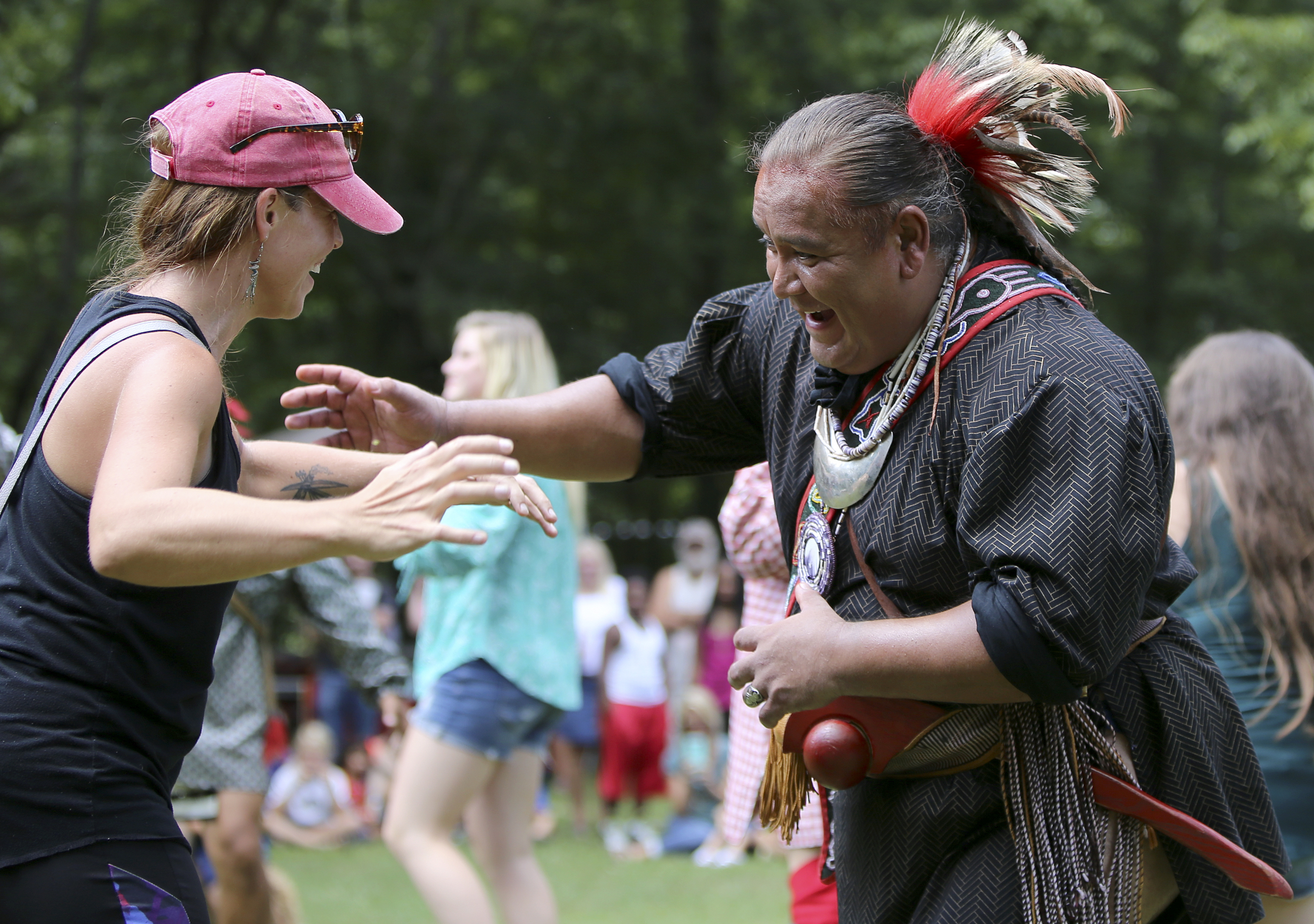 Ernest Grant, right, performs a bear dance with Katie Cowley during the 2017 Cherokee Cultural Celebration at Red Clay State Historic Park on Sunday, Aug. 6, in Cleveland, Tenn.