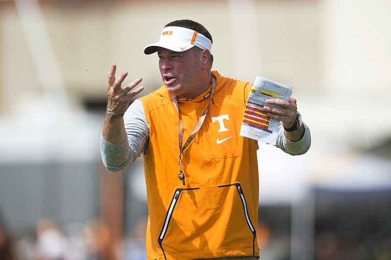 Tennessee head coach Butch Jones instructs his players during football practice at Anderson Training Facility in Knoxville, Tenn. on Tuesday, Aug. 8, 2017.(Caitie McMekin /Knoxville News Sentinel via AP)