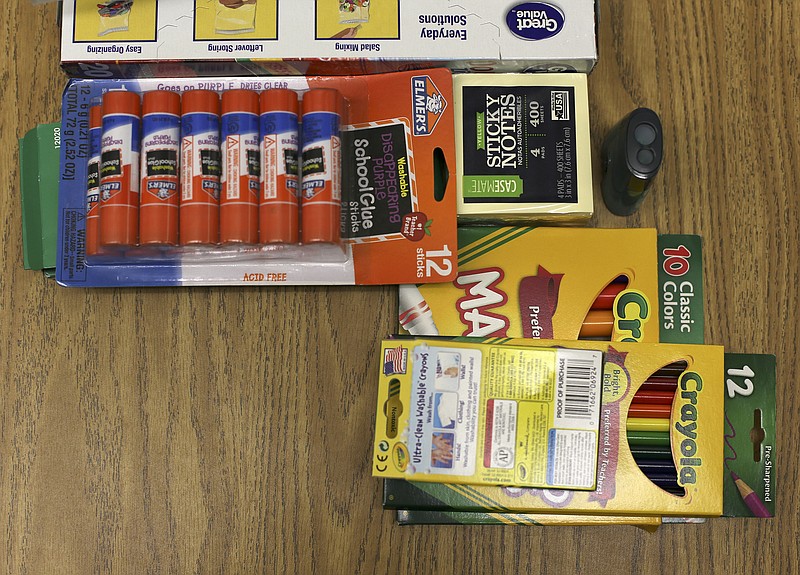 School supplies are seen in Tanya Roberts' kindergarten classroom at Harrison Elementary School on Wednesday, Aug. 9, in Harrison, Tenn.