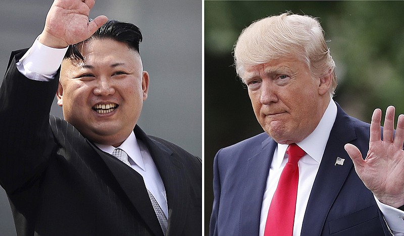 
              FILE - This combination of photos show North Korean leader Kim Jong Un on April 15, 2017, in Pyongyang, North Korea, left, and U.S. President Donald Trump in Washington on April 29, 2017. Threatening language between the U.S. and North Korea is flaring. After Trump vowed to respond with “fire and fury” if Pyongyang continued to threaten the U.S., the North’s military said it is finalizing a plan to fire four midrange missiles to hit waters near the strategic U.S. territory of Guam. (AP Photo/Wong Maye-E, Pablo Martinez Monsivais, Files)
            