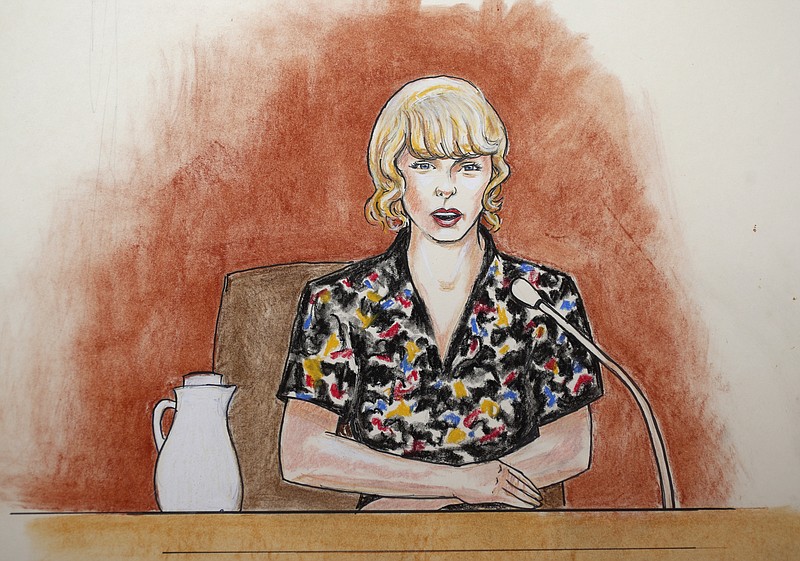 
              In this courtroom sketch, pop singer Taylor Swift speaks from the witness stand during a trial Thursday, Aug. 10, 2017, in Denver. Swift testified Thursday that David Mueller, a former radio DJ, reached under her skirt and intentionally grabbed her backside during a meet-and-a-greet photo session before a 2013 concert in Denver. (Jeff Kandyba via AP)
            