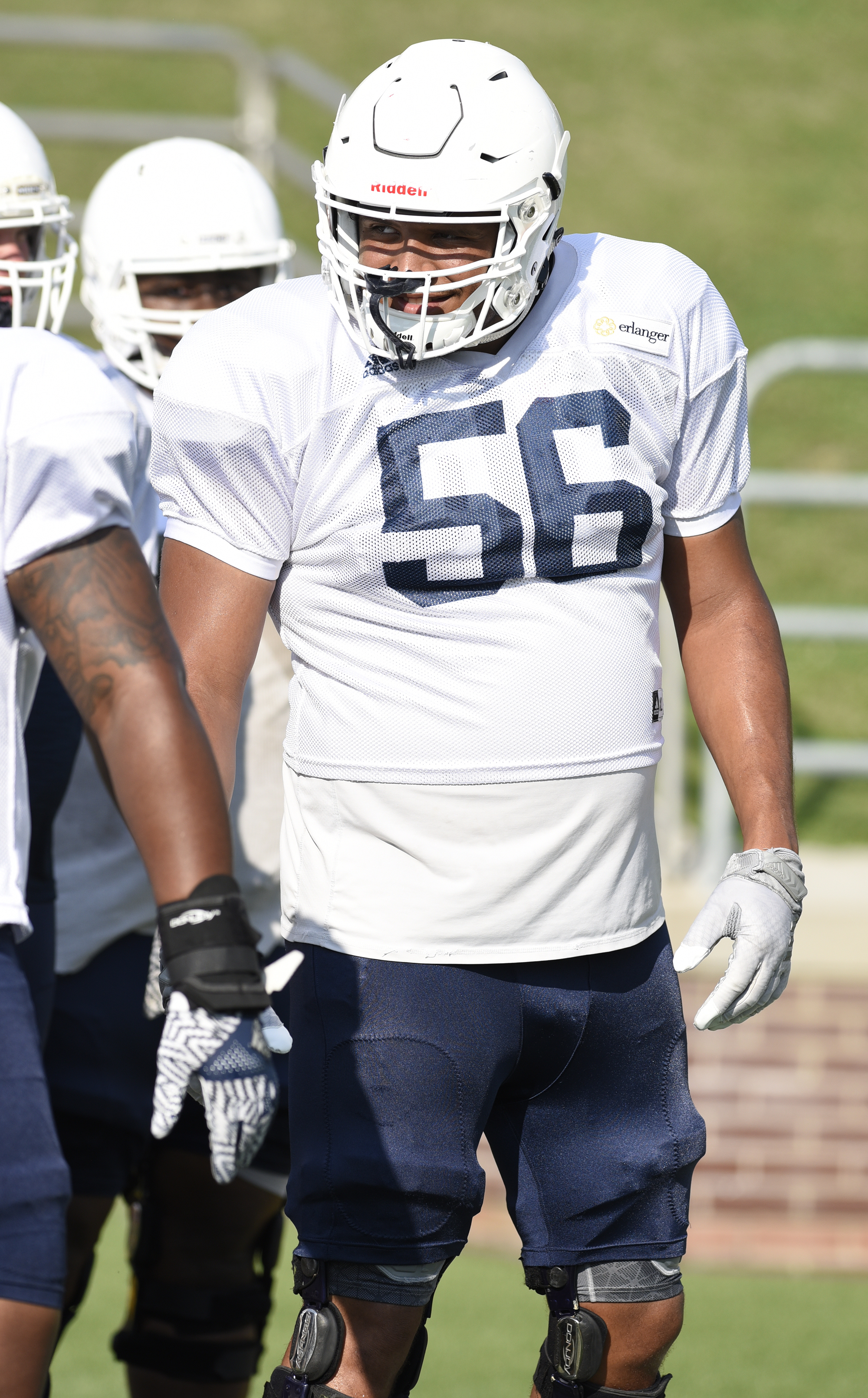 Malcolm White (56) plays on the offensive line. The UTC football team practiced at Finley Stadium on August 10, 2017.