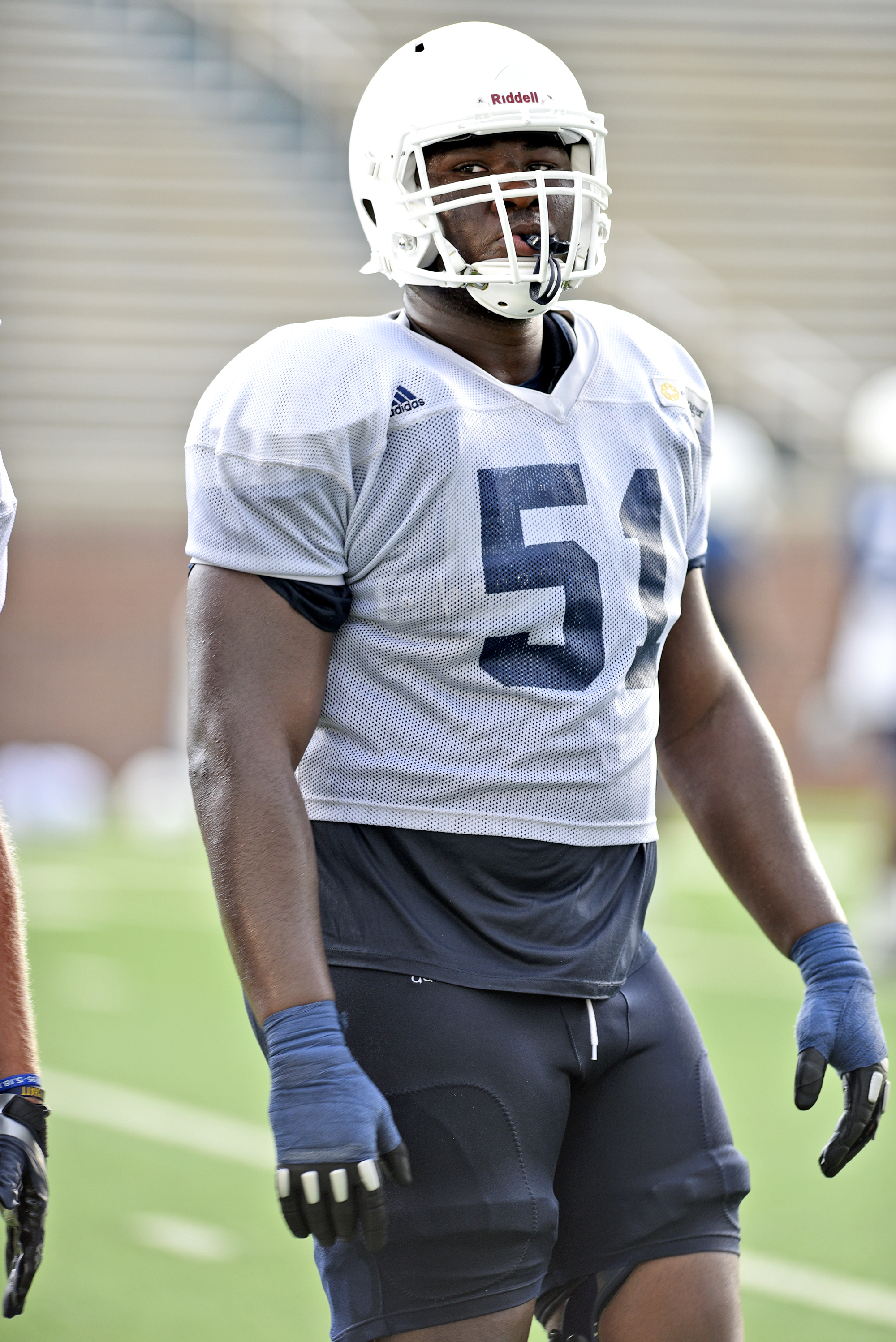 Curtis McClendon (51) plays offensive line. The UTC football team practiced at Finley Stadium on August 10, 2017.