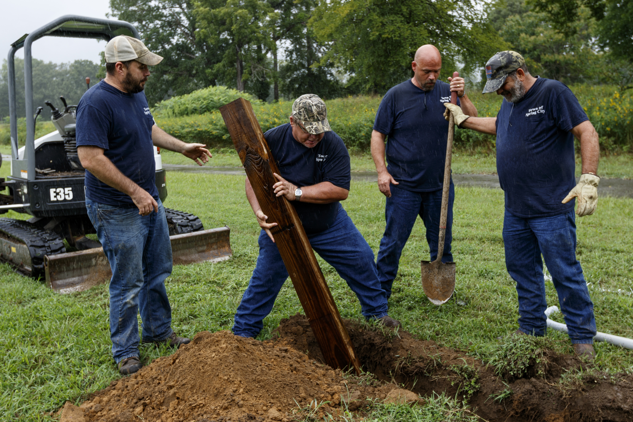 Kenyon Kilby, Doyle Daniels, Jason Yuhas and Nathan Reed, from left, with Spring City Public Works install additional power outlets in the Spring City Nature Park in preparation for the upcoming eclipse on Friday, Aug. 11, 2017, in Spring City, Tenn. On August 21, thousands are expected to flock to the small Rhea County town, which is home to about 2000 residents, to view the solar eclipse.