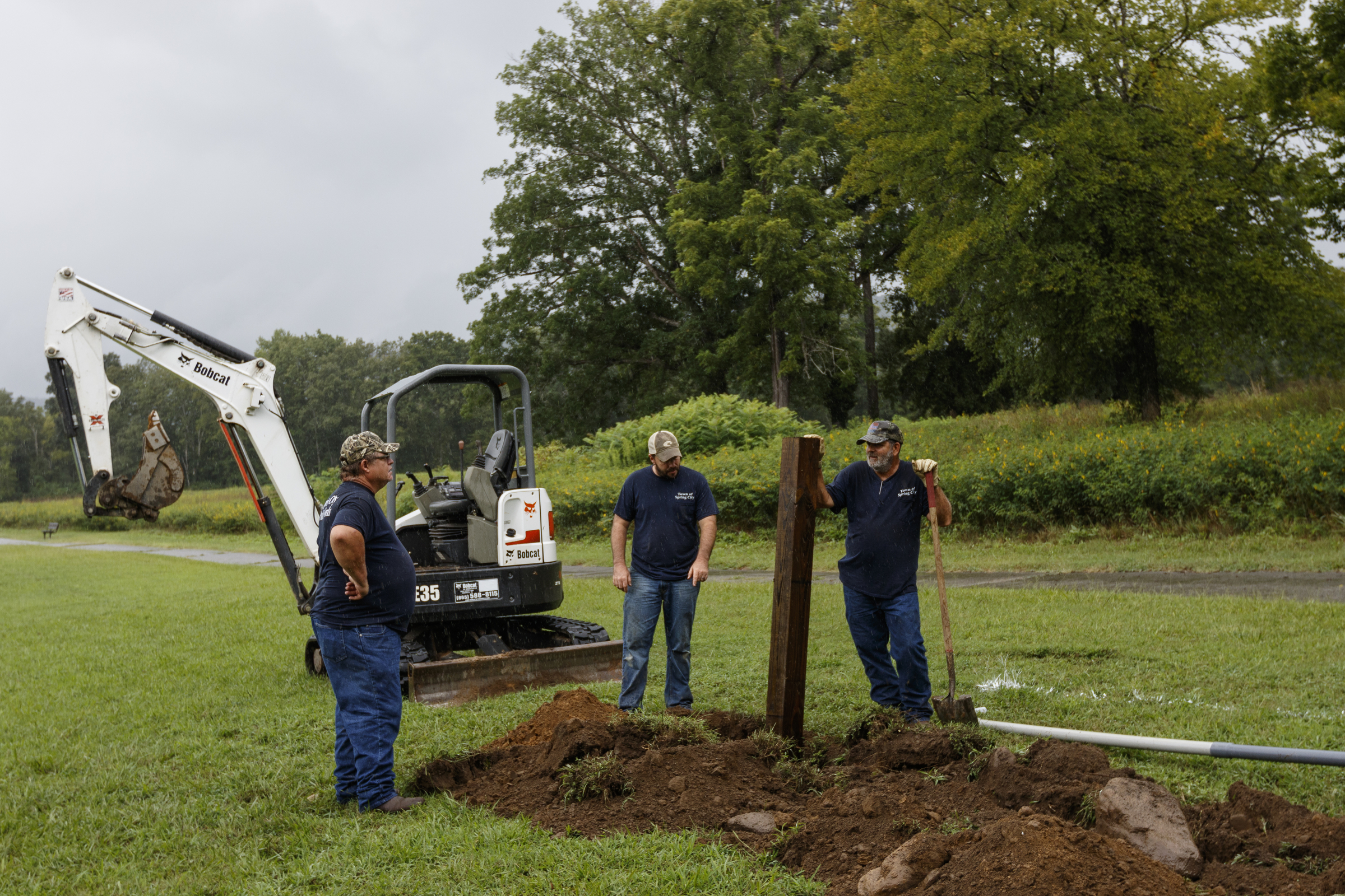 Doyle Daniels, left, Kenyon Kilby, center, and Nathan Reed with Spring City Public Works install additional power outlets in the Spring City Nature Park in preparation for the upcoming eclipse on Friday, Aug. 11, 2017, in Spring City, Tenn. On August 21, thousands are expected to flock to the small Rhea County town, which is home to about 2000 residents, to view the solar eclipse.