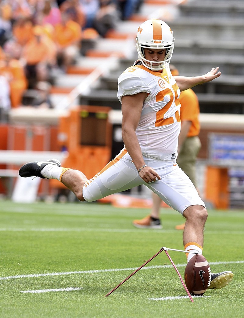 Tennessee senior Aaron Medley practices his kicks before the spring game this year.