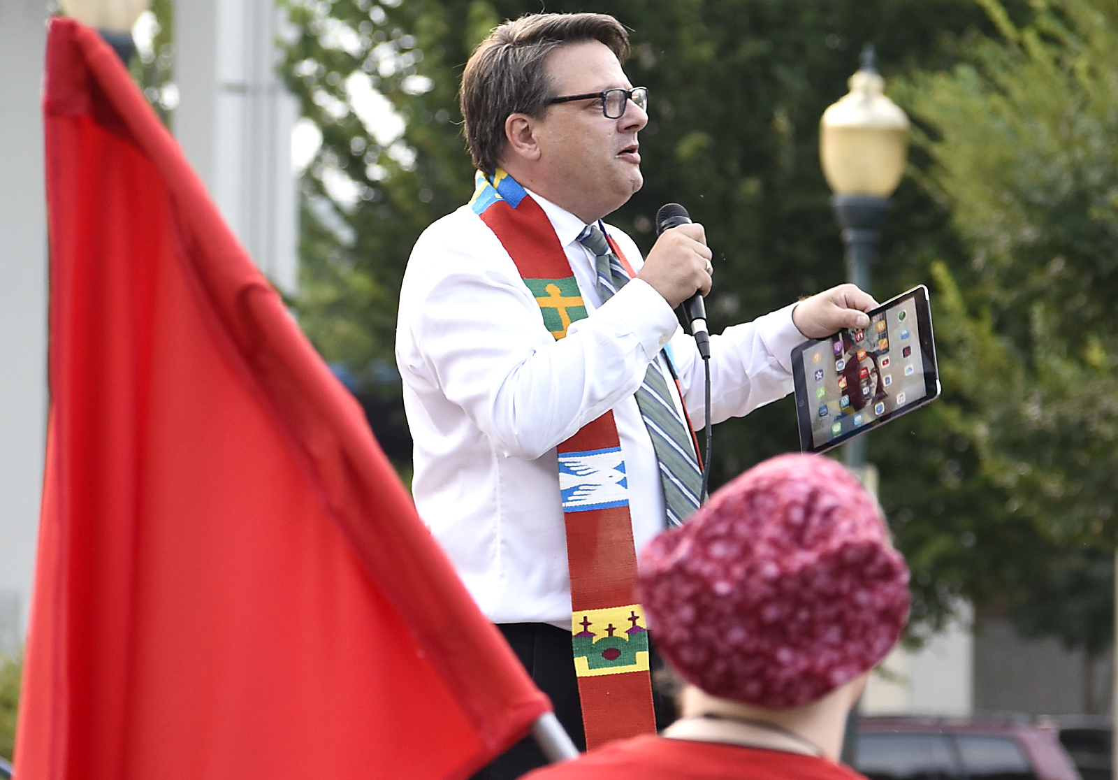Pastor Brian Merritt, of Renaissance Presbyterian Church, addresses the people gathered in response to the violence in Charlottesville, Virginia. The Chattanooga Democratic Socialists hosted a candlelight vigil for Heather Heyer and Charlottesville at Coolidge Park on August 13, 2017.