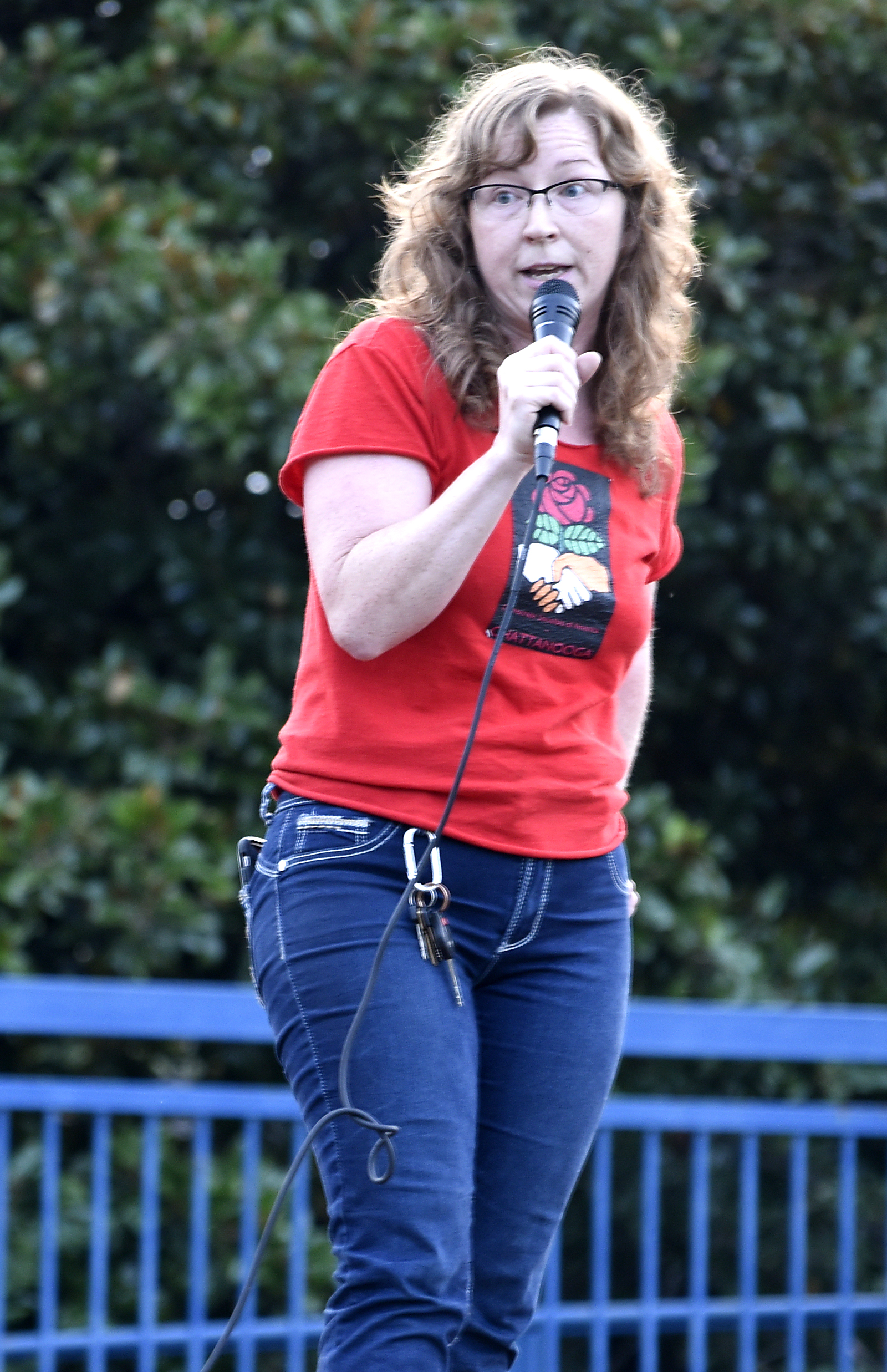 Patricia Bazemore of the Chattanooga Democratic Socialists addresses the crowd. The Chattanooga Democratic Socialists hosted a candlelight vigil for Heather Heyer and Charlottesville at Coolidge Park on August 13, 2017.