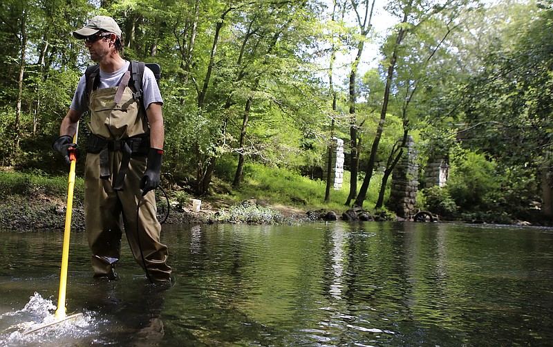 TVA Aquatic Zoologist Jeff Simmons splashes the water with the electrode of his backpack electrofisher while standing in North Chickamauga Creek on Tuesday, Aug. 15, in Hixson, Tenn. Aquatic conservationists using a combination of tools, including a backpack electrofisher, to survey the health of area waterways and their inhabitants.