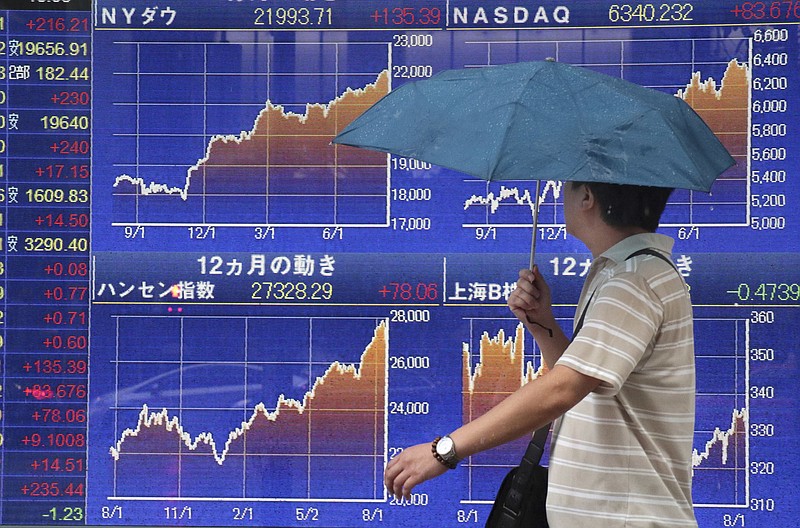 
              A man views the electronic stock indicator of a securities firm in Tokyo, Tuesday, Aug. 15, 2017. Asian shares rose Tuesday as both Koreas and the U.S. appeared to indicate a willingness to defuse the crisis over North Korea's nuclear program. A rally on Wall Street, on the back of strong technology shares, also helped. (AP Photo/Shizuo Kambayashi)
            
