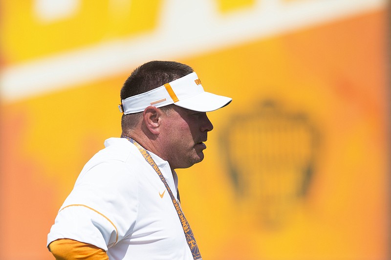 Tennessee head coach Butch Jones watches during an NCAA college football practice in Knoxville, Tenn. Tuesday, Aug. 15, 2017. (Caitie McMekin/Knoxville News Sentinel via AP)