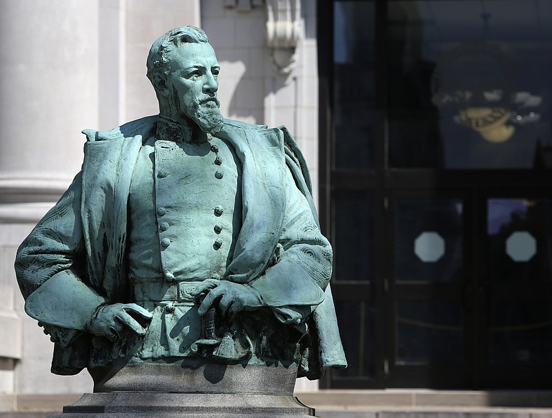 A bust of Confederate Gen. Alexander P. "Old A.P." Stewart is seen outside of the Hamilton County Courthouse on Wednesday, Aug. 16, in Chattanooga, Tenn.