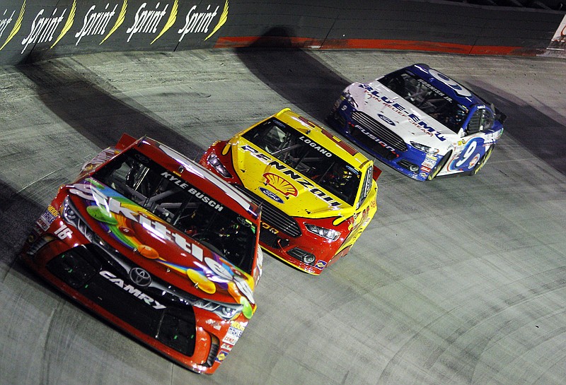 In order, Kyle Busch, Joey Logano and Sam Hornish Jr. go through a turn at Bristol Motor Speedway during the 2015 night race at the track. Last August's night race was pushed to Sunday afternoon because of inclement weather. The Cup Series is set to compete at the East Tennessee track on Saturday night.