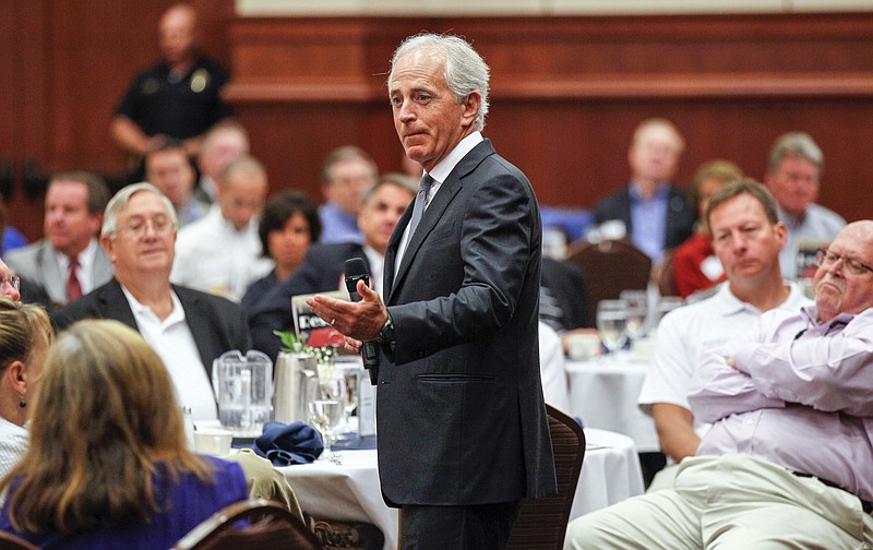 
              U.S. Sen. Bob Corker, R-Tenn., speaks to the Sevier County Chamber of Commerce in Sevierville, Tenn., on Wednesday, Aug. 16, 2017. Corker called a man driving into crowd in Charlottesville, Va., "an act of terror," but declined criticize President Donald Trump's comments about the violent weekend clash in which an anti-racist protester was killed. (AP Photo/Erik Schelzig)
            