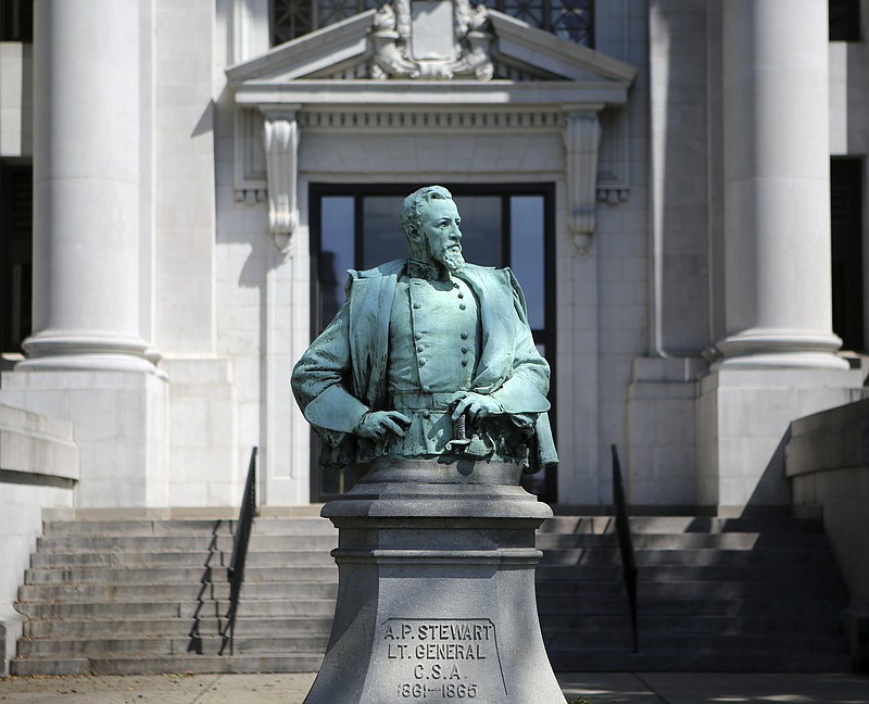 Staff photo by C.B. Schmelter / A bust of Confederate Gen. Alexander P. "Old A.P." Stewart is seen outside of the Hamilton County Courthouse on Wednesday, Aug. 16, in Chattanooga, Tenn.
