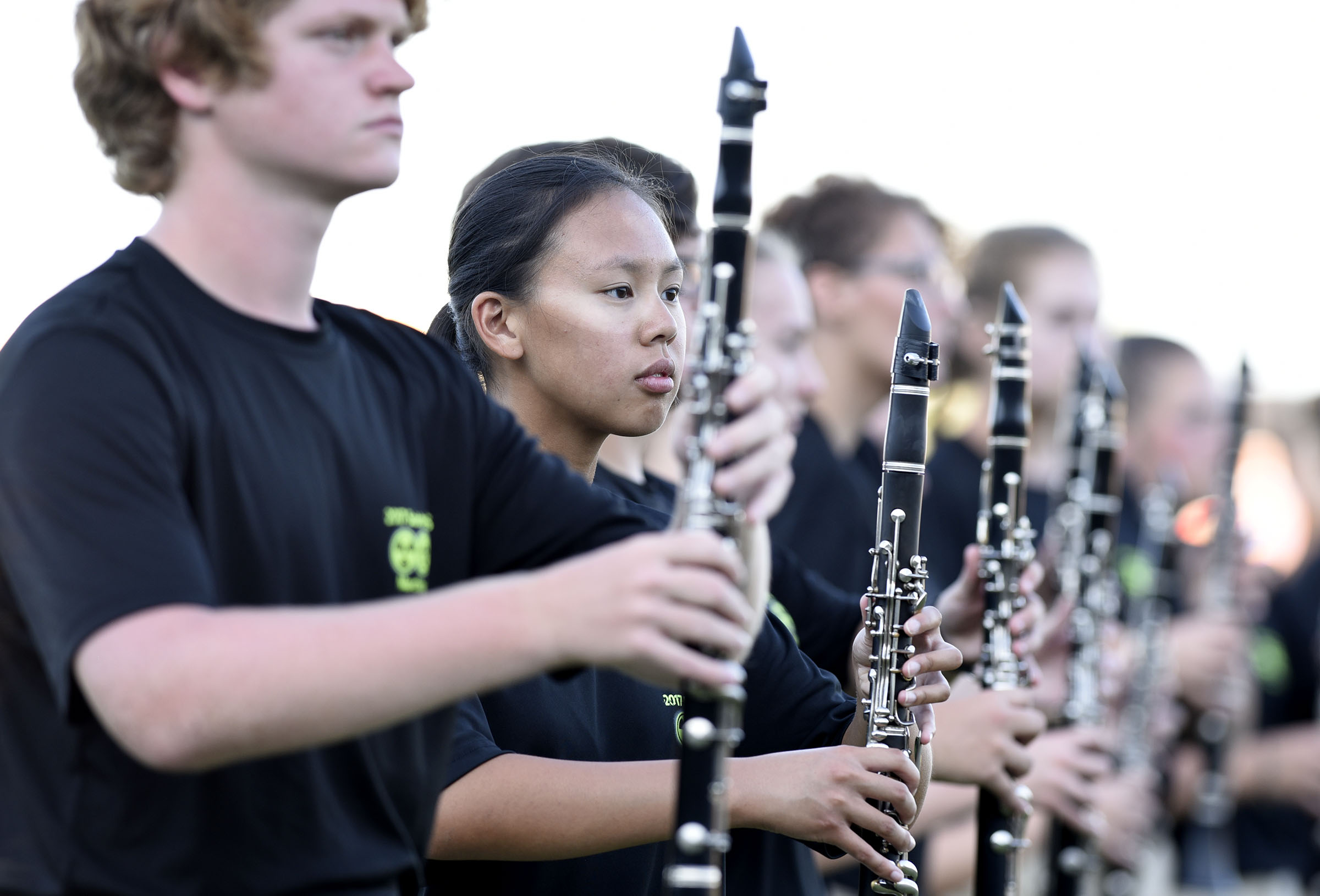 A Soddy-Daisy clarinet section stands at attention as the color guard advances. The Red Bank Lions visited the Soddy-Daisy Trojans in TSSAA football action at Soddy-Daisy High School on August 18, 2017.