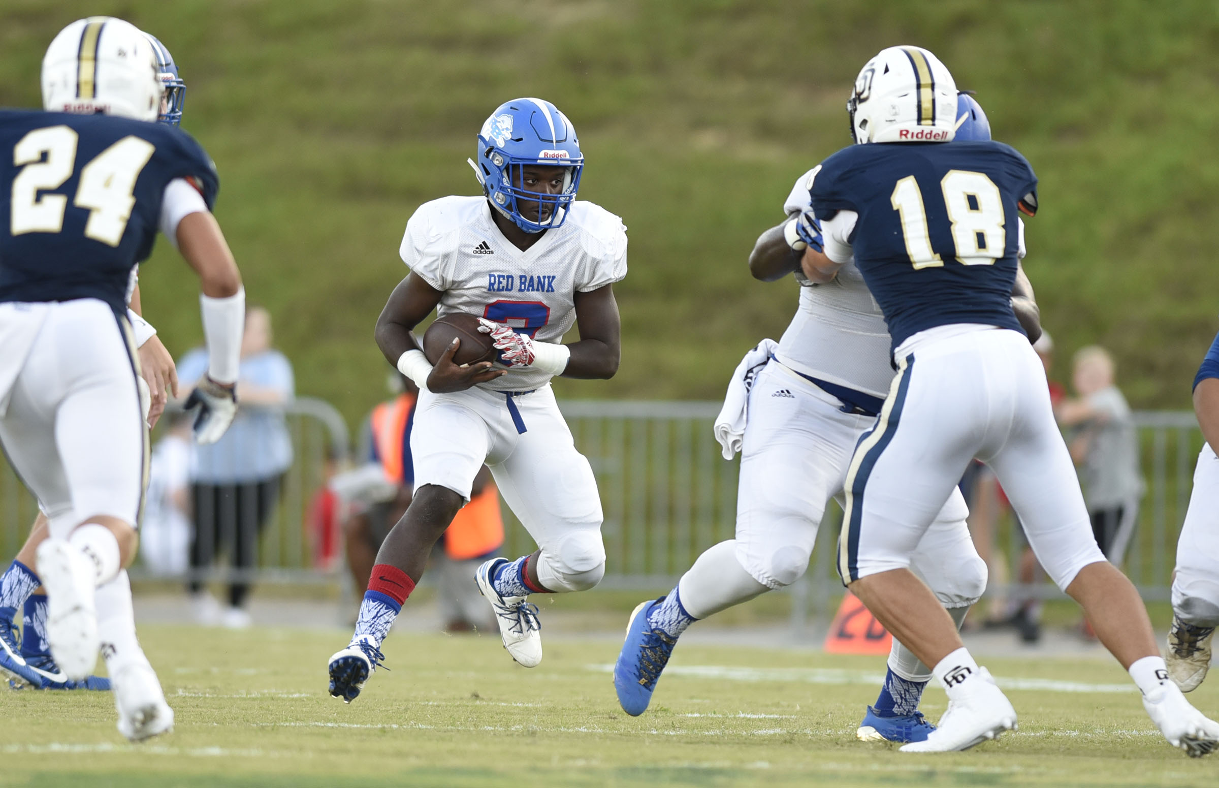 Red Bank's Zay Brown (2) looks for running room. The Red Bank Lions visited the Soddy-Daisy Trojans in TSSAA football action at Soddy-Daisy High School on August 18, 2017.