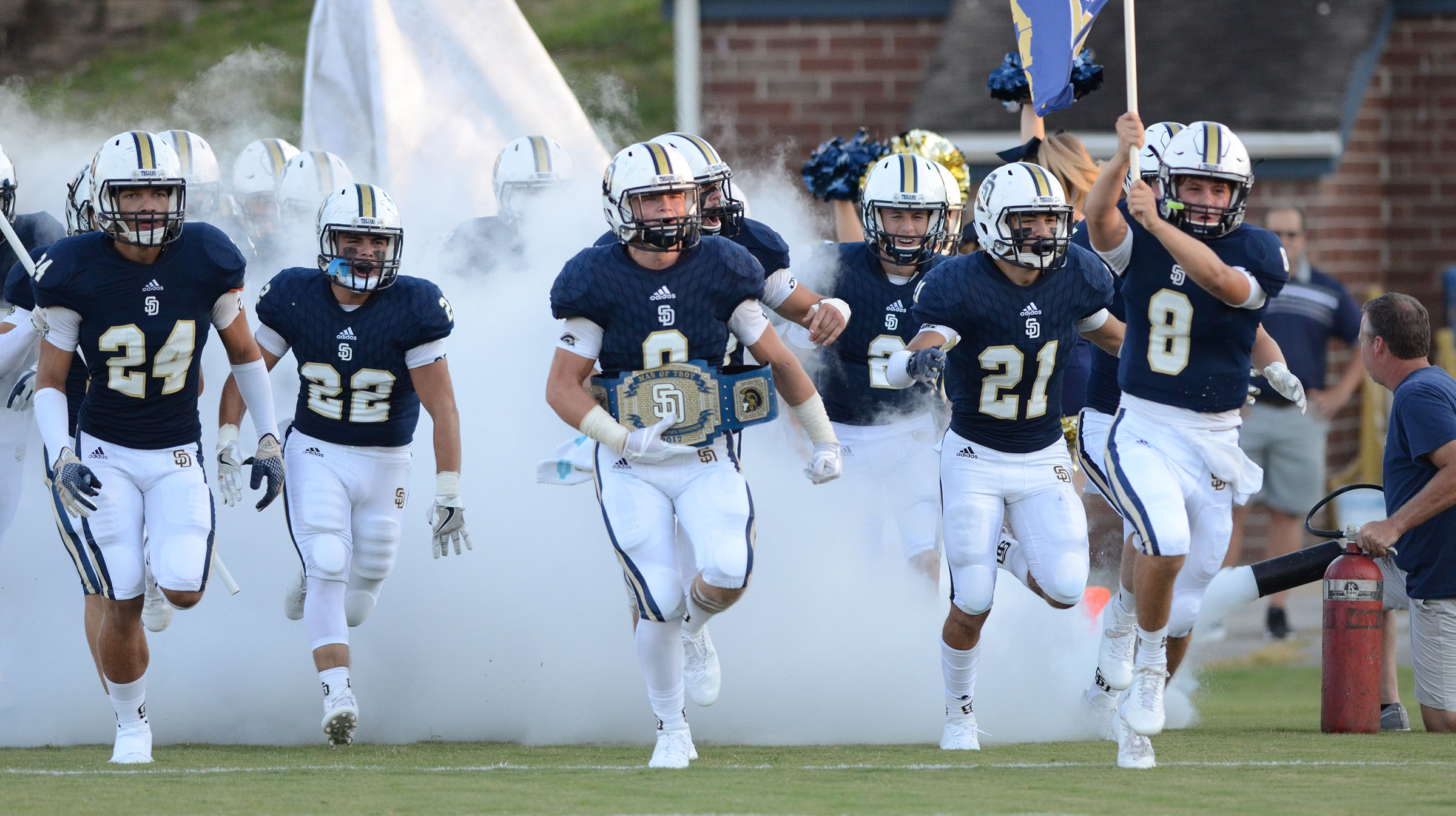 The Soddy Daisy Trojans take the field. The Red Bank Lions visited the Soddy-Daisy Trojans in TSSAA football action at Soddy-Daisy High School on August 18, 2017.